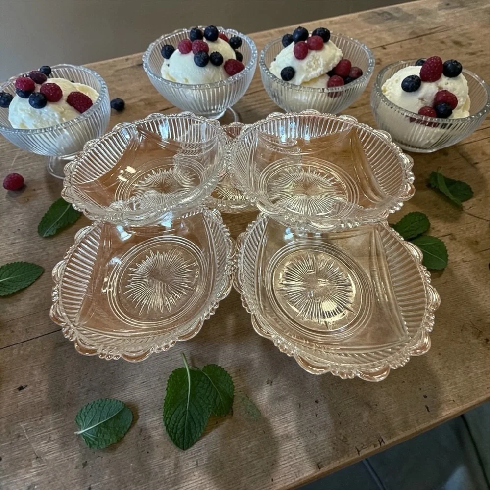 Antique DC Jenkins Glass Berry Bowls Set of 5 Rib Over Drape Scalloped